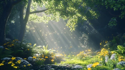 Sunlit forest glade with luminous wildflowers and misted rays.