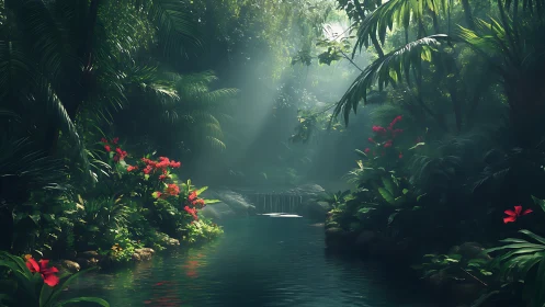 Dense tropical river clearing is illuminated by diffused light