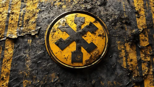 Industrial emblem on yellow circular plate with corrosion.