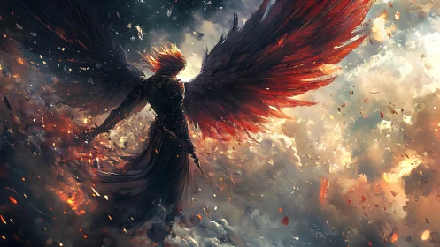 Fire-winged guardian rising through a storm of embers.