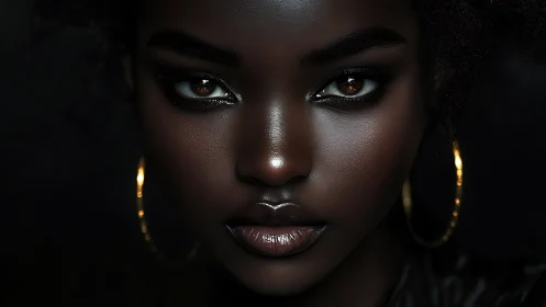 Luminescent portrait with high-gloss skin and golden hoops.