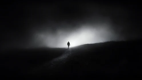 Solitary silhouette walking into a storm of unraveling light.