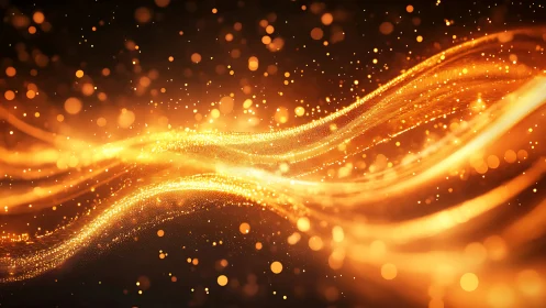 Digital lightwave stream with golden particle bokeh flow.