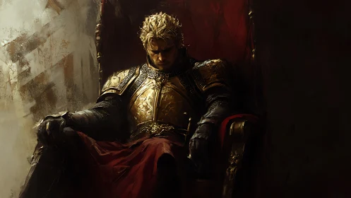 Weary golden knight resting in shadowed crimson throne room.