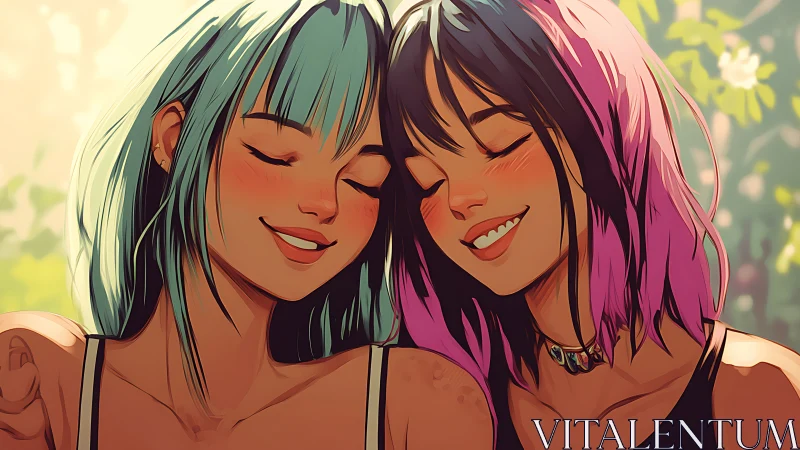 Tender pastel portrait captures two smiling friends embracing.