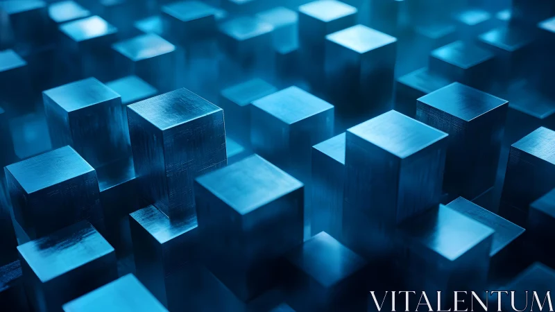 Metallic blue cubes in abstract geometric arrangement, digital art.