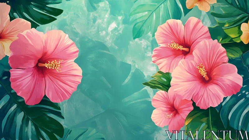 Tropical Hibiscus Composition with Layered Foliage Structure.