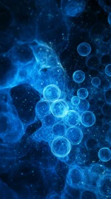 Bioluminescent quantum foam spheres in deep blue nebular void