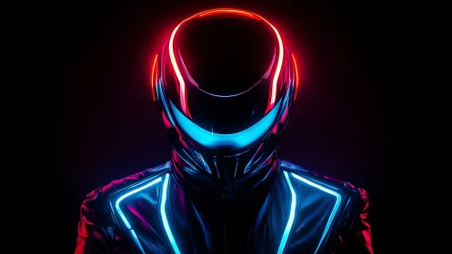 Futuristic helmeted figure with neon red and blue lighting.