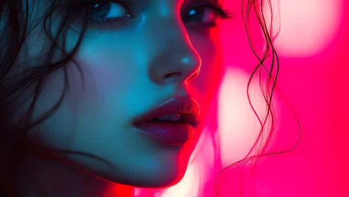 Neon whispers trace her profile in electric cyan and pink glow
