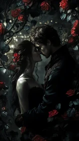 Two souls entangled within velvet darkness and crimson blooms
