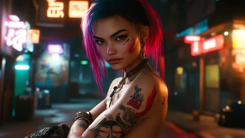 Neon alley rebel with electric pink hair and wary eyes.