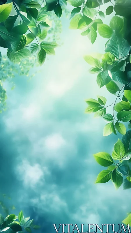 Sunlit green leaves framing a calm sky of soft blue.