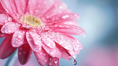 Pink Gerbera Daisy Specimen with Water Droplets Against Blue Background