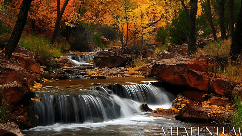 Photorealistic autumn canyon stream with tiered cascades.