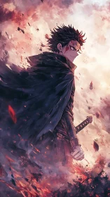 Scarred duskblade strides through embers and stormlight.