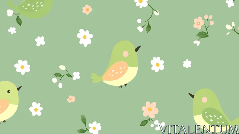 Cute Green Cartoon Birds with Flowers on Pastel Background.