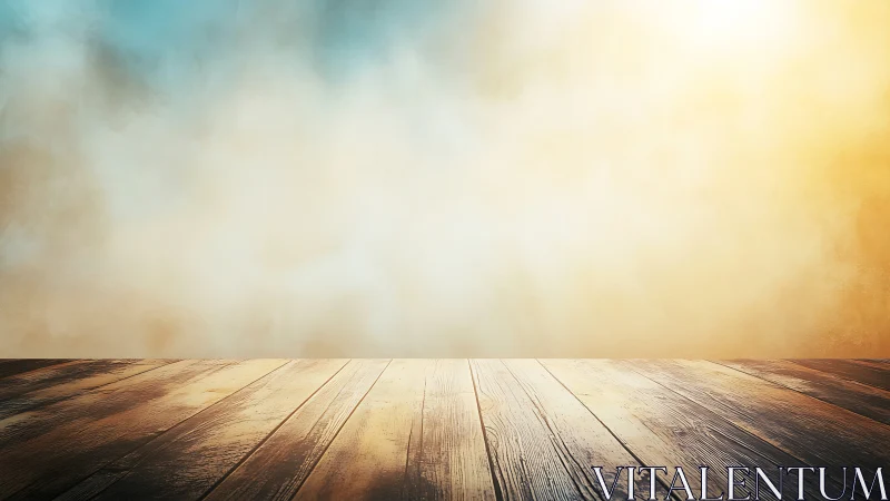 Sunlit wooden tabletop against soft warm gradient background