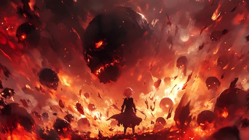 Lone figure facing giant fiery skulls in burning sky.