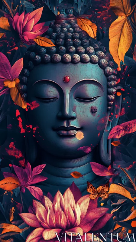 Chromatic Buddha visage with lotus and lepidopteran field dynamics.