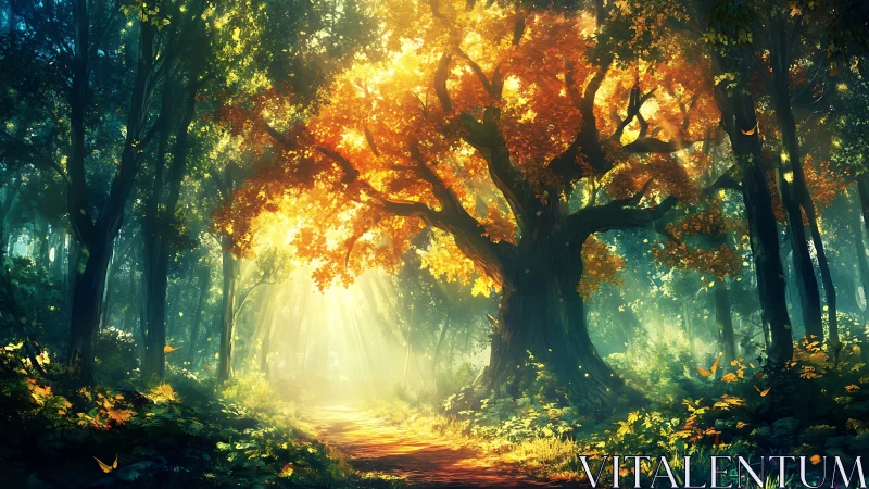 Forest pathway with backlighting through layered canopy.