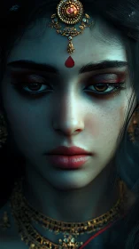 Digital portrait shows detailed face with ornate forehead jewelry