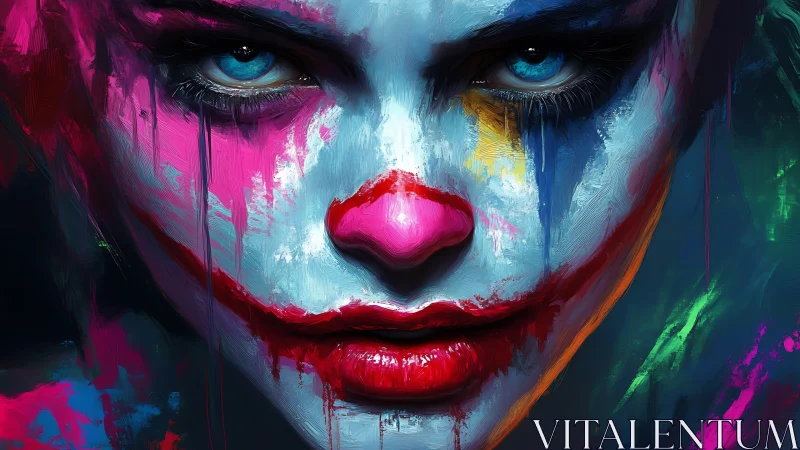 Neon clown visage stares with intense, cinematic menace.