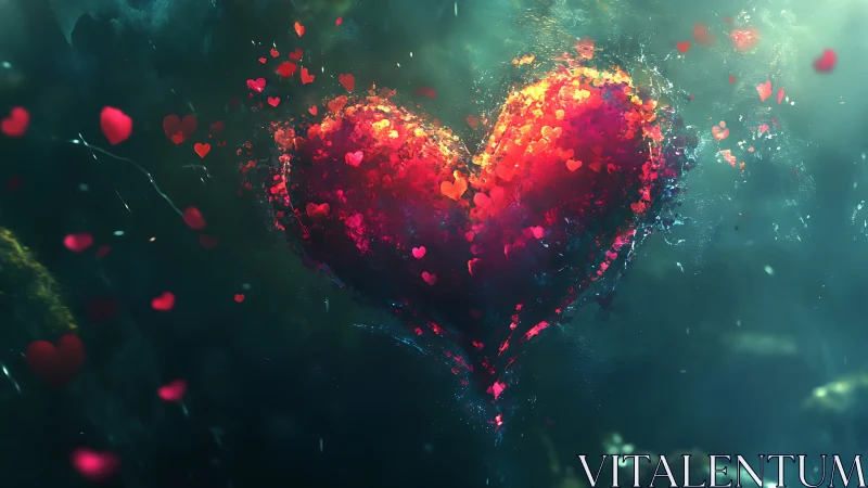 Glowing heart shape constructed from thousands of small red particles