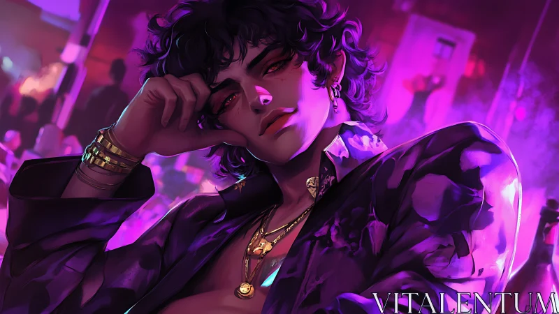 Stylized portrait of man in nightclub with neon lighting.