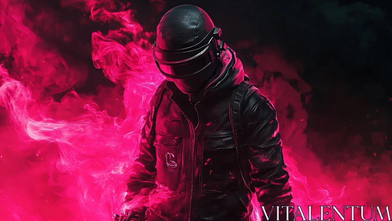 Helmeted figure in black gear within dense pink smoke field.