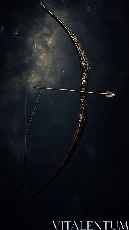 Ornate longbow with engraved limbs in cinematic low key lighting.