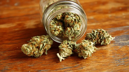 Loose cannabis buds tumble gently from a clear glass jar