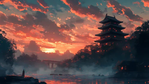 Sunset palace glows above misty river and lone figure.