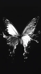 High-contrast monochrome water-splash butterfly on black field
