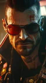 Cybernetic mercenary portrait with bicolor visor and scars