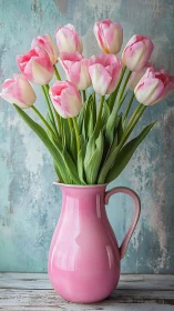 Pink Tulips in Ceramic Pitcher: Botanical Still Life Composition.