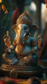 Elephant-headed deity statue sits cross-legged in soft light