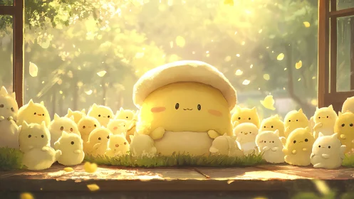 Yellow plush-style creatures grouped in soft forest light.