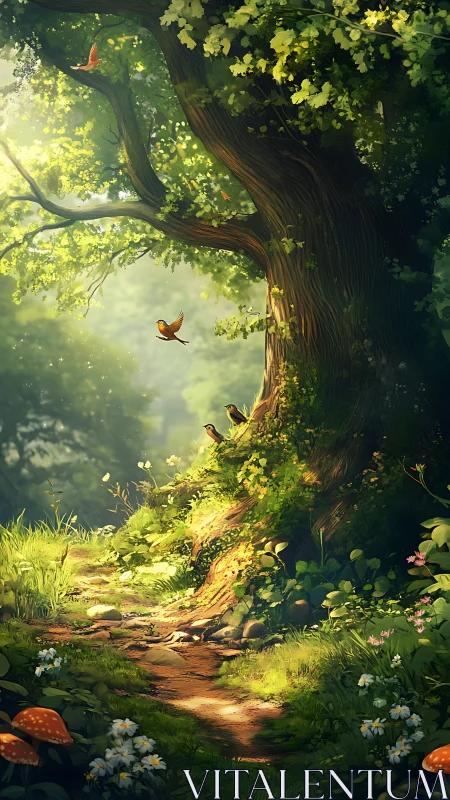 Ancient tree with birds in sunlit forest clearing displaying environmental depth.