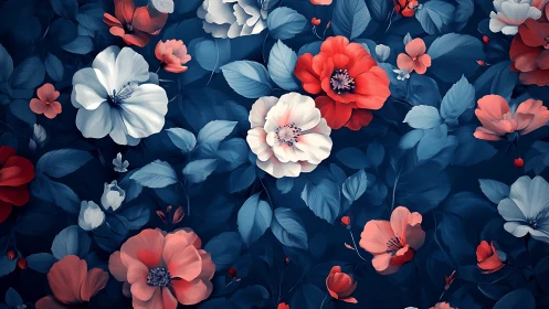 Nocturnal Blooms Dance: Where Crimson Meets Navy Reverie