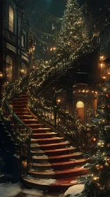 Grand staircase interior with snow-dusted Christmas decor and lights
