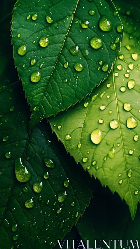Macro botanical close-up of rain-drenched green foliage layers.