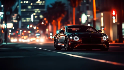 Midnight city cruise with a sleek luxury coupe shining.