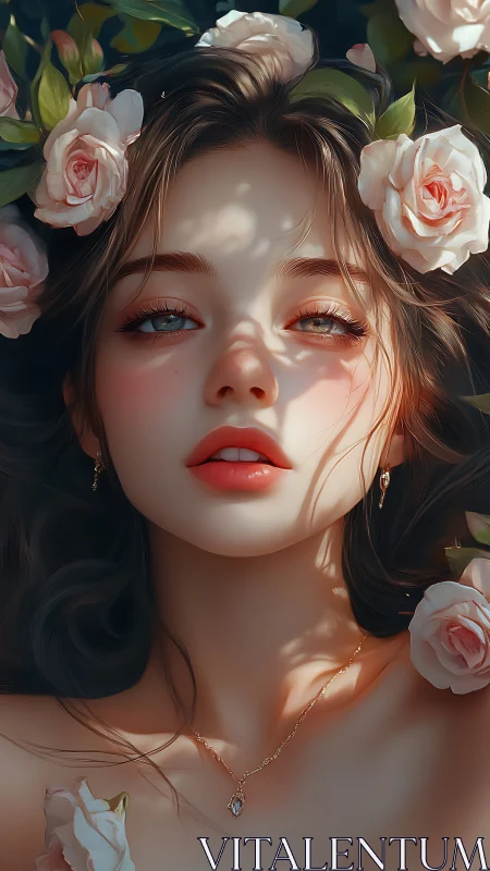 Soft sunrise muse framed in lush garden roses.