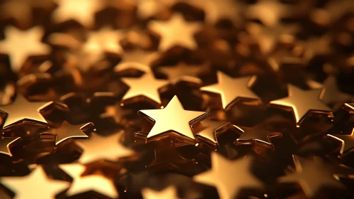 Golden metallic stars rendered with shallow depth of field