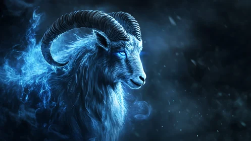 Spectral blue ram portrait with glowing eyes in smoky void