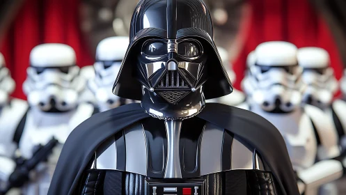Darth Vader with stormtroopers in formation, frontal view.