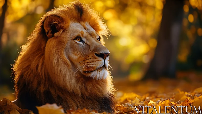 Male lion portrait in shallow-depth autumn forest bokeh