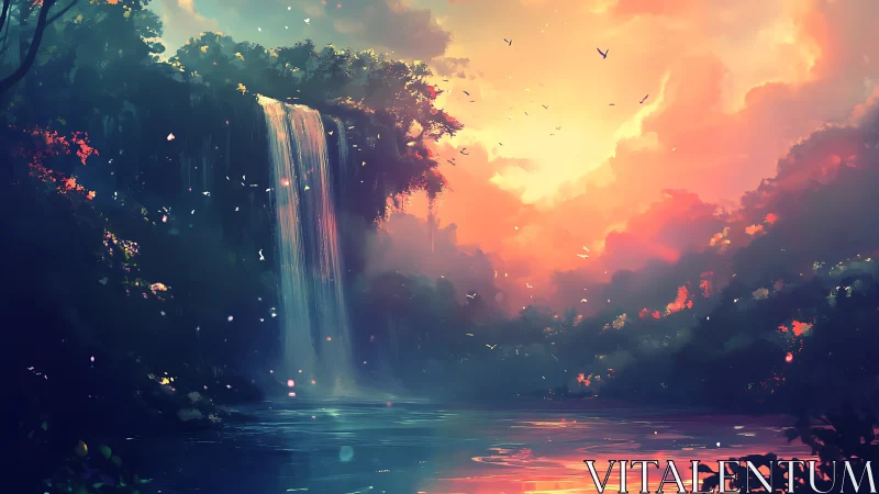 Mystical Waterfall at Sunset Over Luminous Waters
