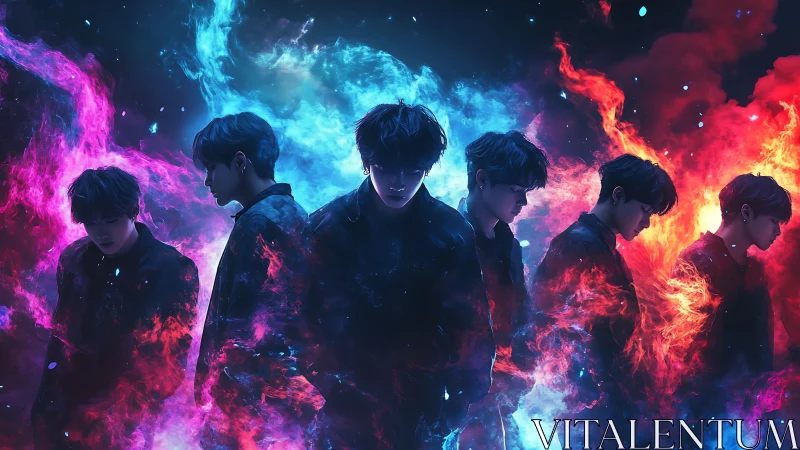 Storm of selves in neon fire and midnight blue glow.